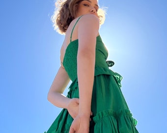 Emerald Green Cotton Maxi Dress: Sweetheart Neckline, Ruffles, Pockets