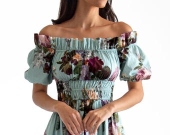 Linen Blend Off Shoulder Dress, Smocked Bodice, Blue Floral Print