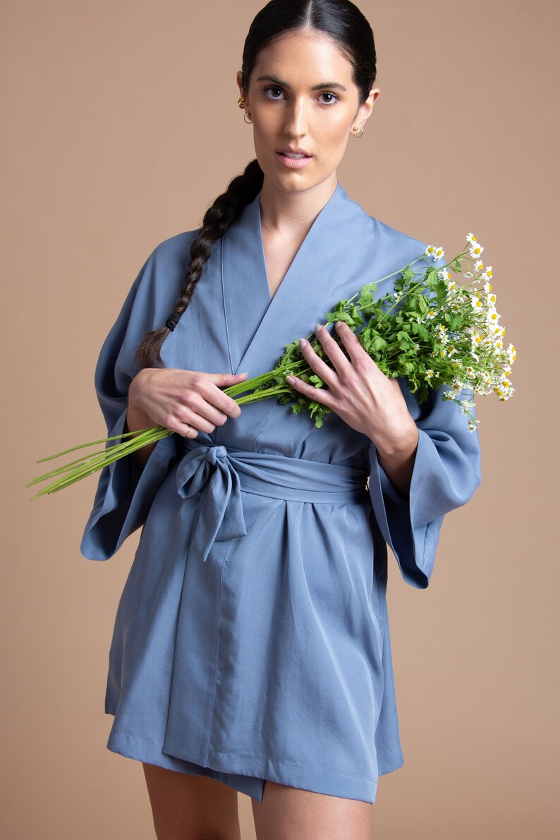 Blue Kimono Robe, Short Robe, Tencel Robe, Sustainable Fabric Robe, Loungewear Robe, Kimono Jacket, One Size, Bridesmaid Robe, Made in USA image 1