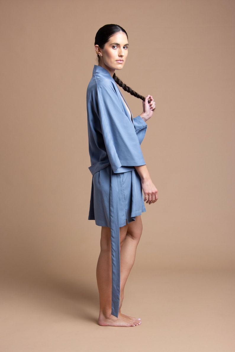 Blue Kimono Robe, Short Robe, Tencel Robe, Sustainable Fabric Robe, Loungewear Robe, Kimono Jacket, One Size, Bridesmaid Robe, Made in USA image 6