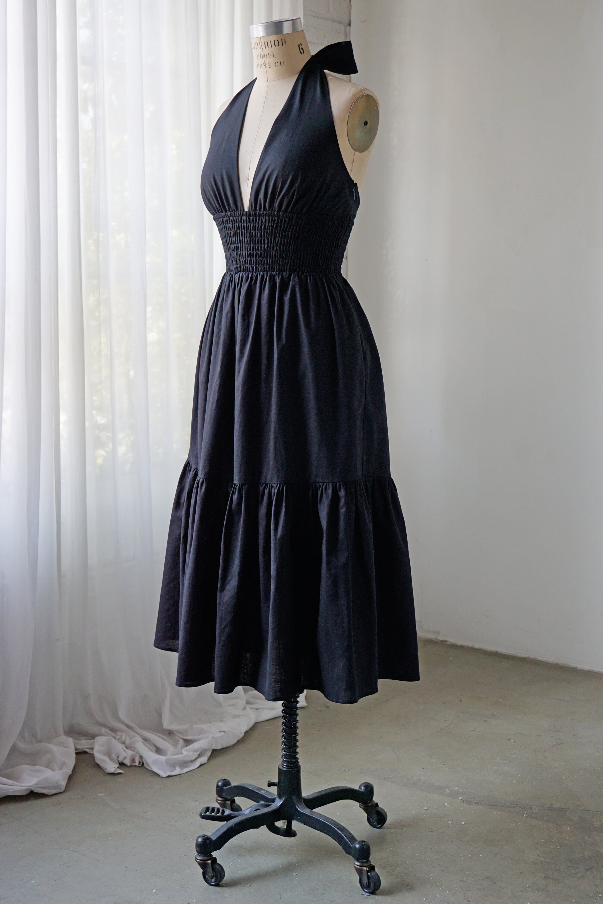 Linen Cotton Black Halter Dress with Pockets: Midi Fit & Flare