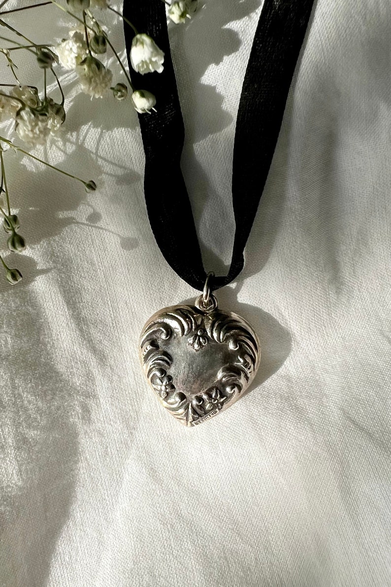 Vintage Sterling Silver Heart Charm Necklace, Silk Ribbon Choker, Coquette, .925, Adjustable, Teal, Valentines Day, Gift For Her, Girly image 4