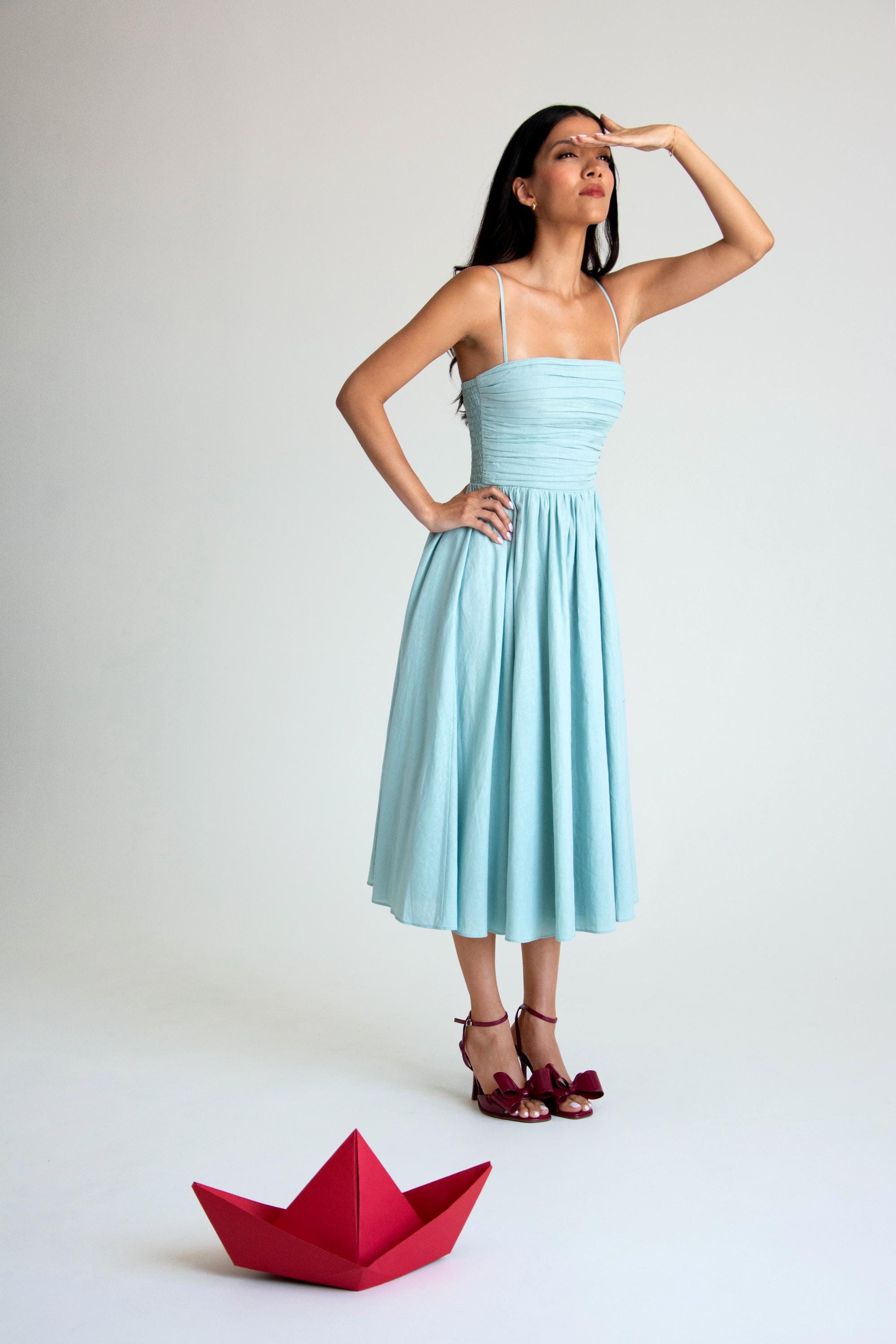 light blue fit and flare dress Sapphire Bloom Sky & Mini made from 100% premium cotton poplin Jovani K24050 Ice Blue Fit