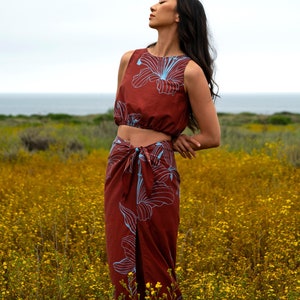 Silk Cotton Floral 2-Piece Set: Crop Top & Faux Wrap Skirt