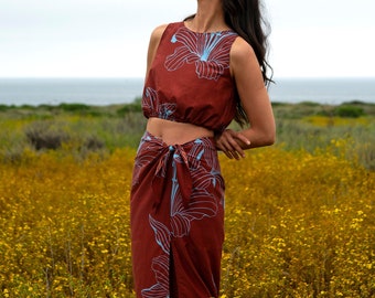 Silk Cotton Floral 2-Piece Set: Crop Top & Faux Wrap Skirt