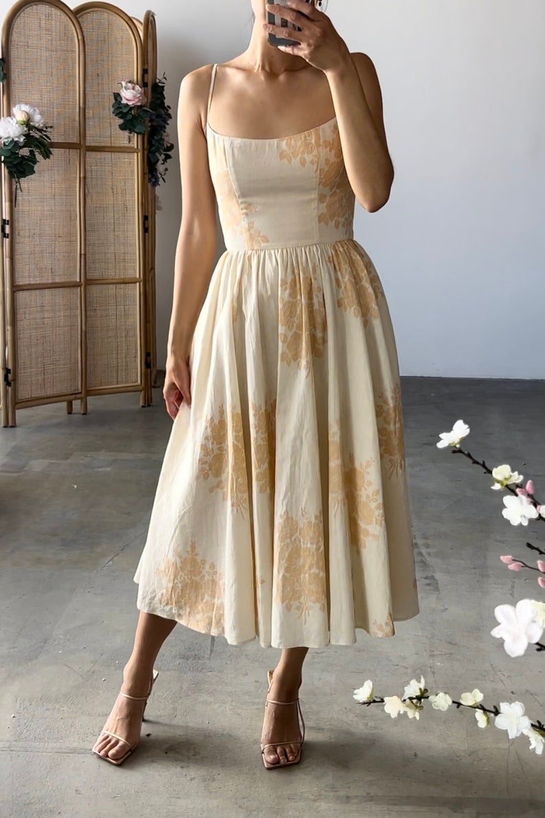 Linen Vintage Floral Midi Fit and Flare Dress, Sleeveless, A Line Dress, Corset, Wedding Guest, Circle Skirt, Cottagecore, Coquette, White image 6