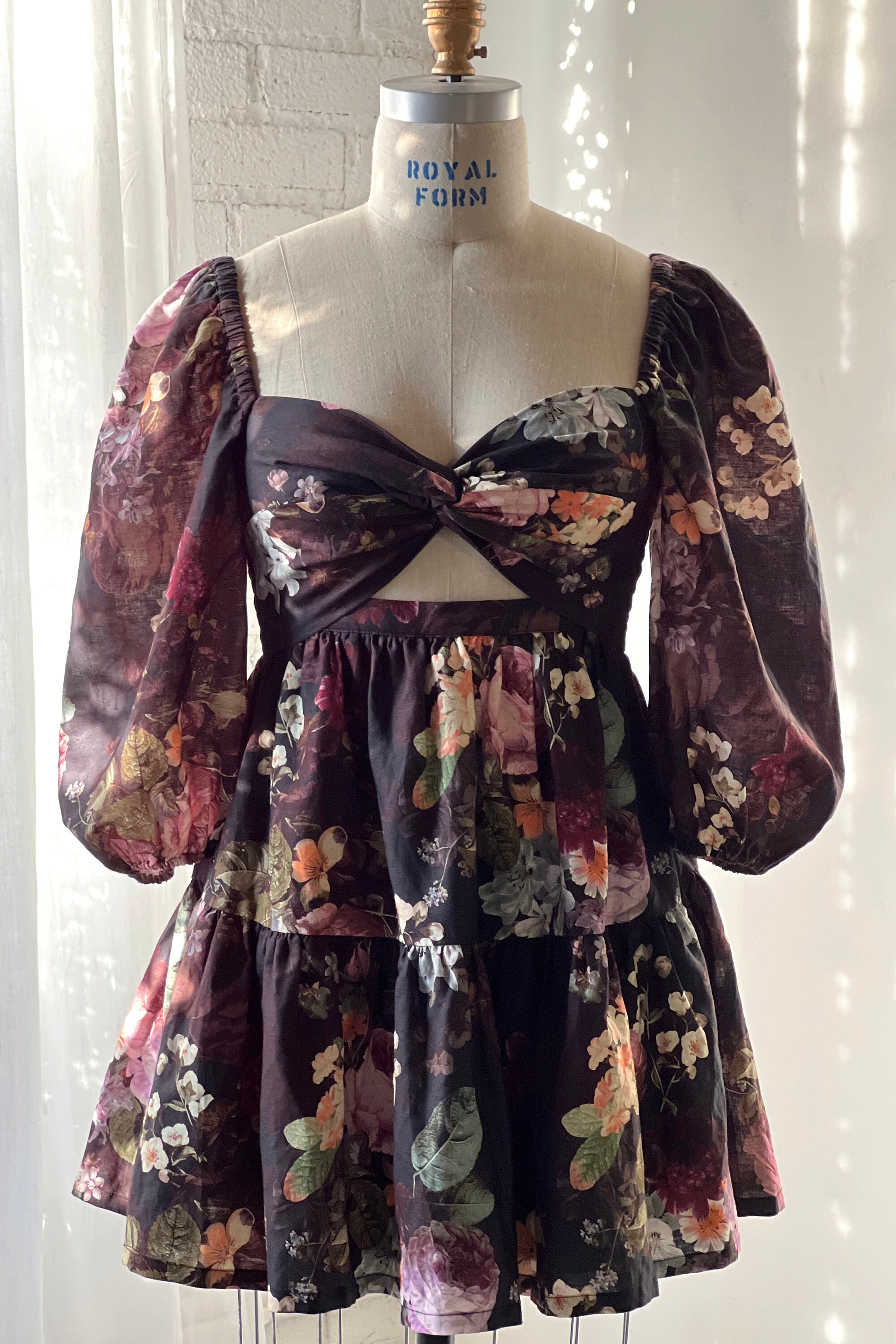 Cotton Linen Mini Dress, Smocked Bodice, Puff Sleeves, Cottagecore, Tea Party, Spring, Summer, Pockets, Black Rose Floral, Sweetheart Neck