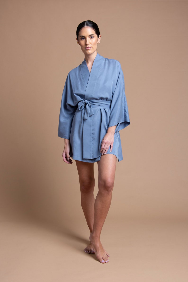 Blue Kimono Robe, Short Robe, Tencel Robe, Sustainable Fabric Robe, Loungewear Robe, Kimono Jacket, One Size, Bridesmaid Robe, Made in USA image 2
