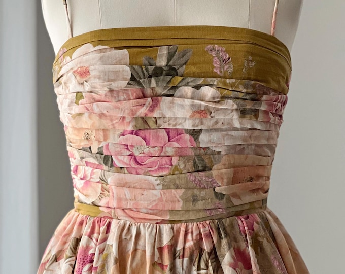 Floral Cotton Linen Midi Dress Boned Corset Bodice Fit Flare 