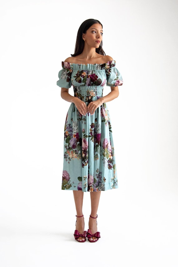 Linen Blend Off Shoulder Dress, Smocked Bodice, Blue Floral Print