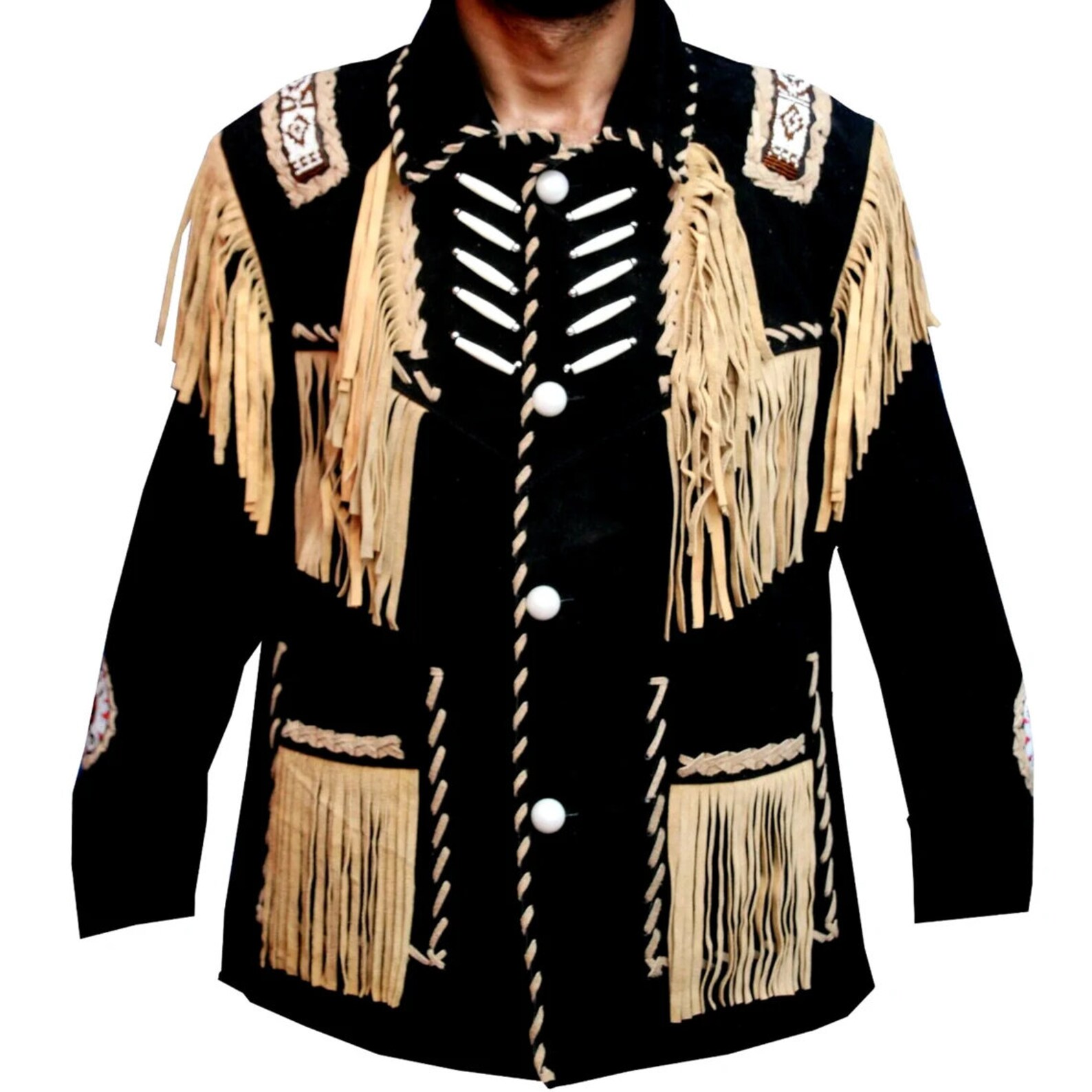 Cowhide Leather Jacket With Golden Fringes Men White Cowboy Etsy
