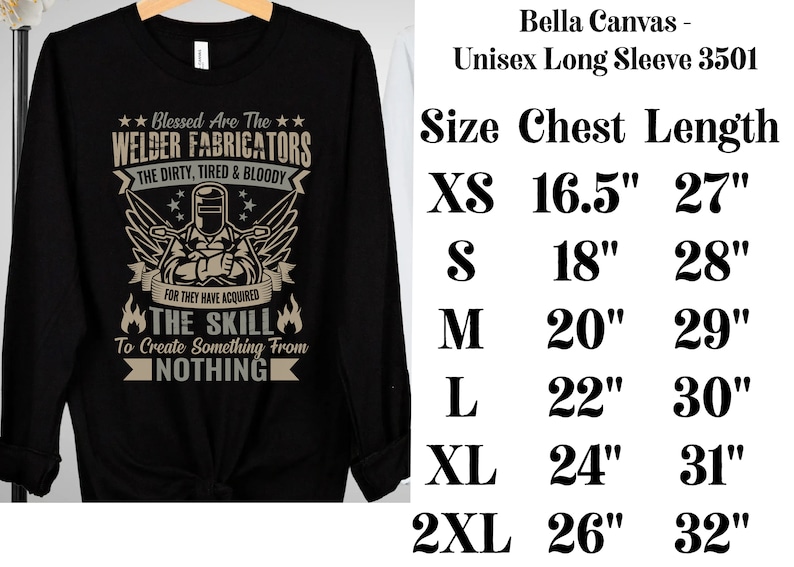 May include: Black long-sleeve shirt with a graphic that reads "Blessed Are The Welder Fabricators." The design features a welder with wings and the text "The Dirty, Tired & Bloody." Size chart with chest and length measurements in inches.
