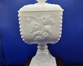 Westmoreland Milk Glass Covered Candy Bowl with Pedestal in Grape Vine Pattern