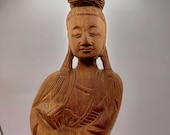 Vintage 12-Inch Chinese Boxwood Guanyin Statue - Hand-Carved Bodhisattva of Compassion