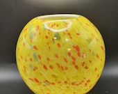 Vintage Yellow Confetti Art Glass Sphere Vase – Hand Blown 8” Wide Globe