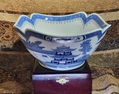 Vintage Mid Century Blue and White Canton Pattern Porcelain Square Vegetable Bowl