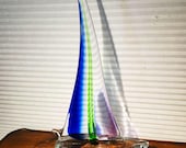 Italian Sommerso Style Art Glass Sailboat with layers of Blue, Green, Purple and Clear Glass 18 inches tall