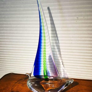 Sommerso Art Glass Sailboat Sculpture: Murano Style, Blue Green Purple