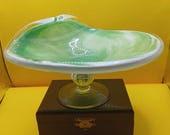 Murano Fratelli Toso MCM Art Glass - Mint Green Swirl with Clear / White Edge Server on a pedestal base.