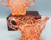EAPG Nucut Imperial Glass Company Pink Star and Cane Pattern Sugar Bowl and Creamer set - 1910's