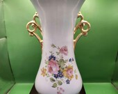 1940's Abingdon 534 Boyne Vase in Eggshell Blue with Floral Design and Gold Trim