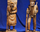 Hand Carved Wooden Alpine Woodcutter Couple - 1950s
