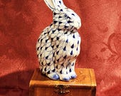Vintage Andrea by Sadek Blue Fishnet Porcelain Rabbit Figurine Herend Style 5.5"