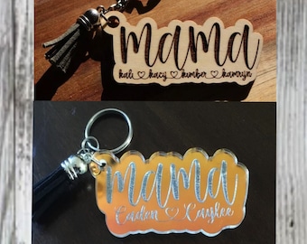 Personalized Laser Engraved Wooden or Acrylic Mama | Grandma | Aunt Keychain