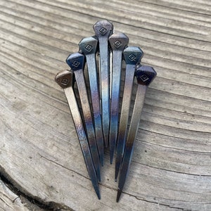 Op de afbeelding: Een verzameling van zeven metalen spijkers gerangschikt in een waaier. De spijkers hebben een donkere, iriserende afwerking met ruitvormige details op de koppen. Ze worden gepresenteerd op een verweerd houten oppervlak.