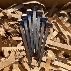 Op de afbeelding: Een verzameling van zeven donkere metalen hoefijzernagels met vierkante koppen, gerangschikt in een waaier. De nagels hebben een licht iriserende afwerking en zijn genesteld in versnipperd bruin papier in een kartonnen doos.