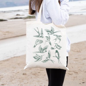 Blue Bird Tote Bag, Bird Nerd Gift, Bird Watching Canvas, Gift for Bird Lovers, Garden Birds Cotton Shopper, Humingbird-Cardinal-Heron Tote