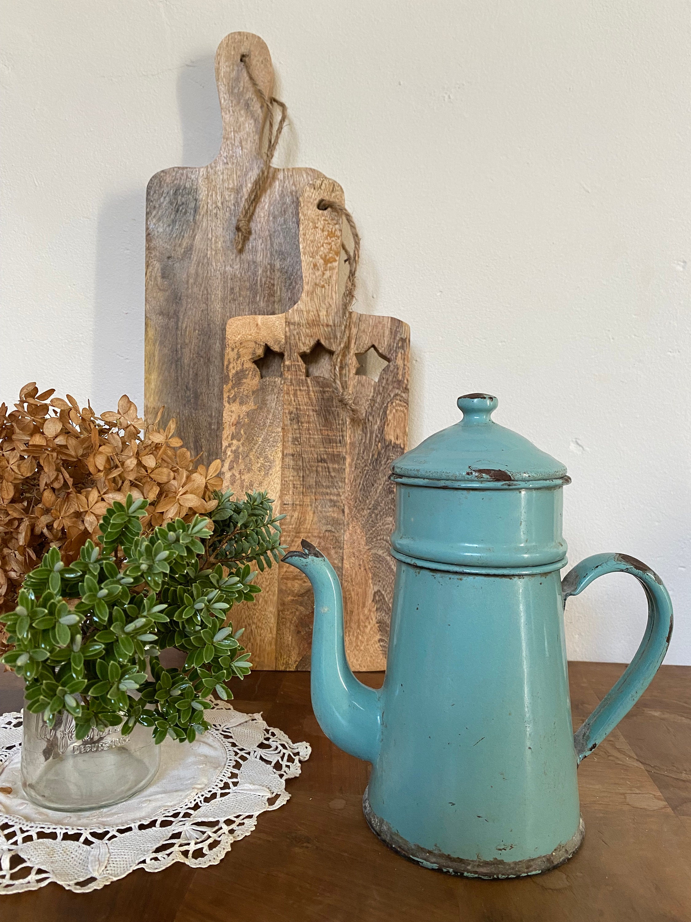 Ancienne Cafetière Émaillée avec Filtre, Début Xxème