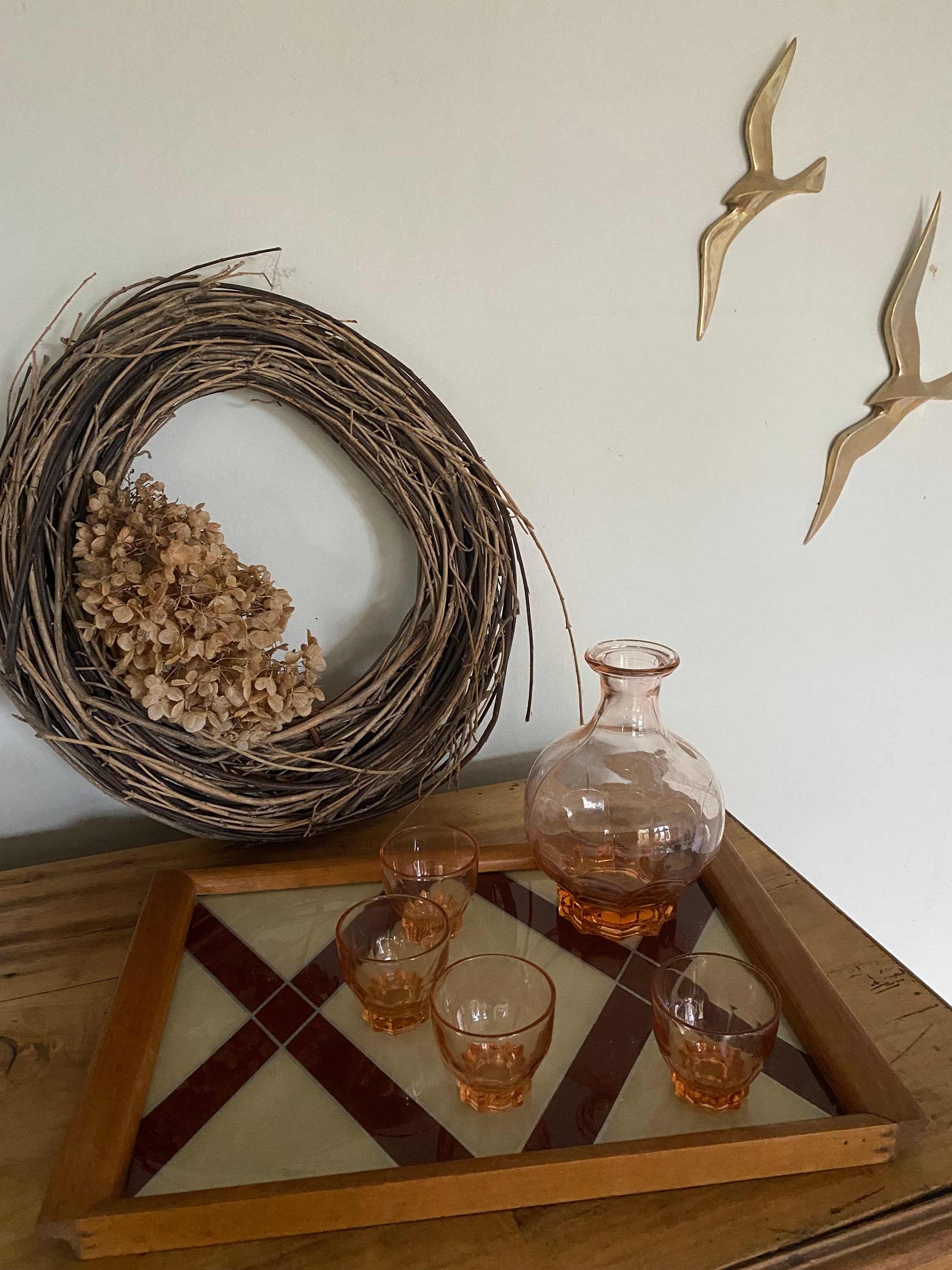 Ancien Plateau Art Déco Motif Géométrique en Verre et Bois Années 30/40