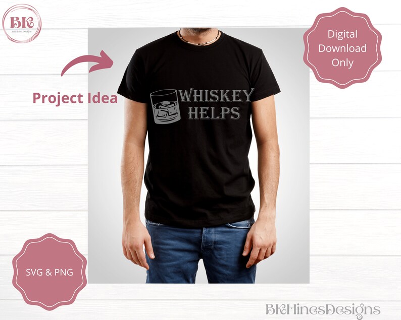 K&ouml;nnte beinhalten: Ein schwarzes T-Shirt mit einer Grafik eines Glases Whisky und dem Text "Whiskey Helps".