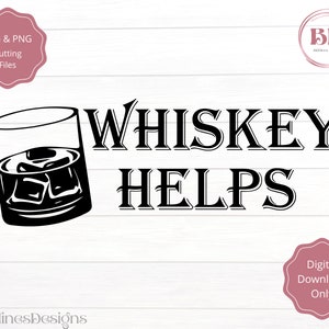 K&ouml;nnte beinhalten: Schwarzwei&szlig;es digitales Download-Design eines Glases Whisky mit Eisw&uuml;rfeln und dem Text "Whiskey Helps".