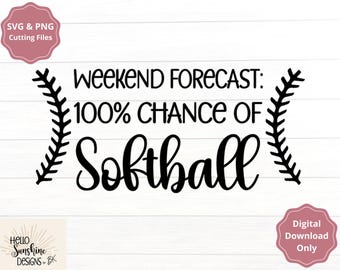 May include: Black and white graphic design with a baseball stitch pattern on either side of the text "Weekend Forecast: 100% Chance of Softball".