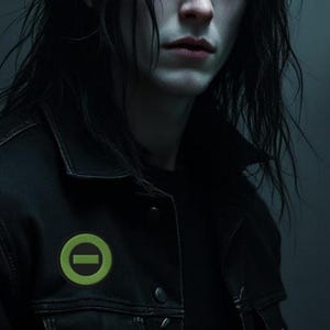 Könnte beinhalten: Porträt einer Person mit langen, dunklen Haaren und blasser Haut, die eine schwarze Jeansjacke mit einem grün-gelben kreisförmigen Emblem trägt. Die Person hat gelbe Augen und einen ernsten Gesichtsausdruck, vor einem dunklen, düsteren Hintergrund.
