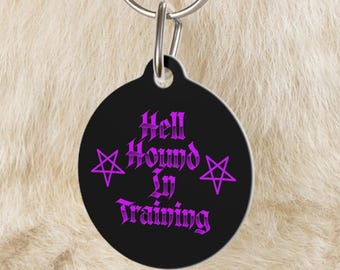 Hell Hound in Training Pet Tag: Gothic Purple Pentagram, Custom Spooky ID