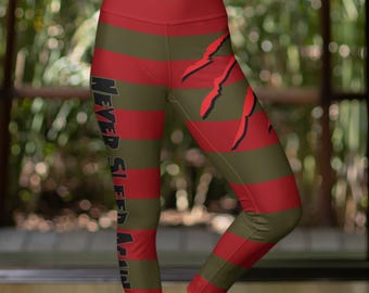 Horror Striped Leggings: Red & Green Gothic Slasher Design, Halloween Wear