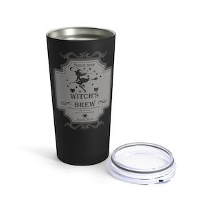 May include: Black stainless steel tumbler with a silver label that reads "Witch's Brew" with a witch flying on a broomstick and two black cats. The label also says "Since 1892" and "Potion No. 13".