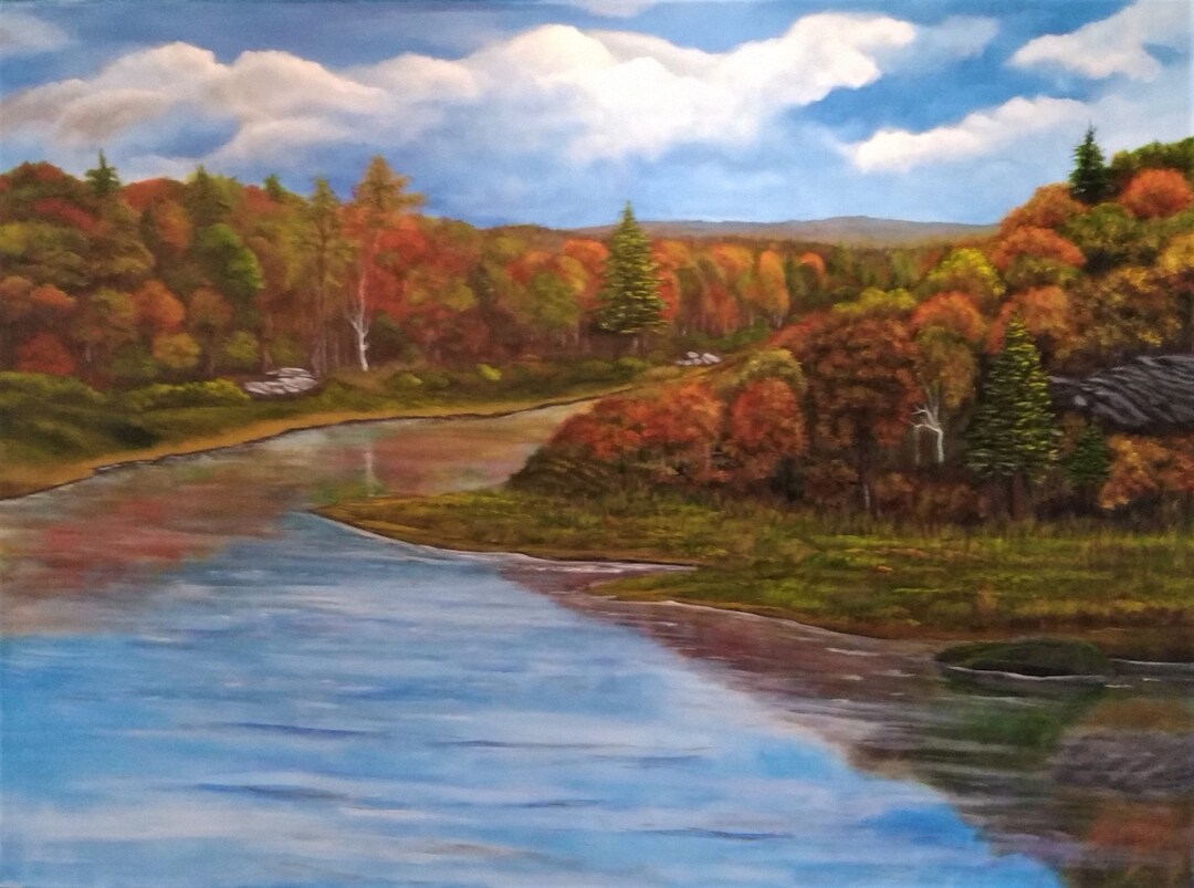 Original Acrylic Art/autumn Mountain With the River/oversized 30x36