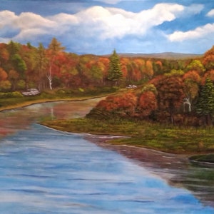 May include: A painting of a river winding through a forest in autumn. The trees are a mix of green, yellow, orange, and red. The sky is blue with white clouds. The river is a light blue color and reflects the colors of the trees.
