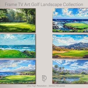 May include: Collection of six golf landscape paintings with vibrant green fairways, blue skies, and ocean views. The artwork is framed and features a variety of scenes, including coastal and mountain settings. The text "Frame TV Art Golf Landscape Collection" is at the top.