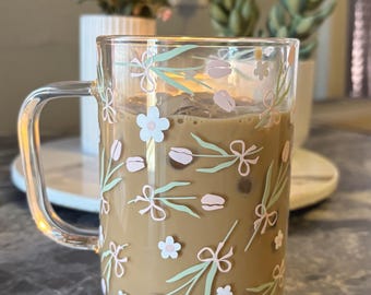 spring tulips and bows glass mug
