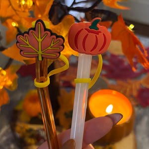 May include: Two decorative straws with fall-themed toppers. One straw has a leaf design, the other a pumpkin. Both straws are clear with yellow silicone rings. The background features fall foliage and a lit candle, creating a seasonal ambiance.