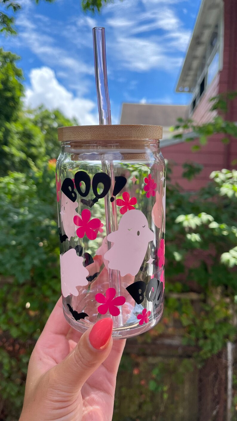 Vaso de cristal de Halloween con fantasma rosa de Boo imagen 3