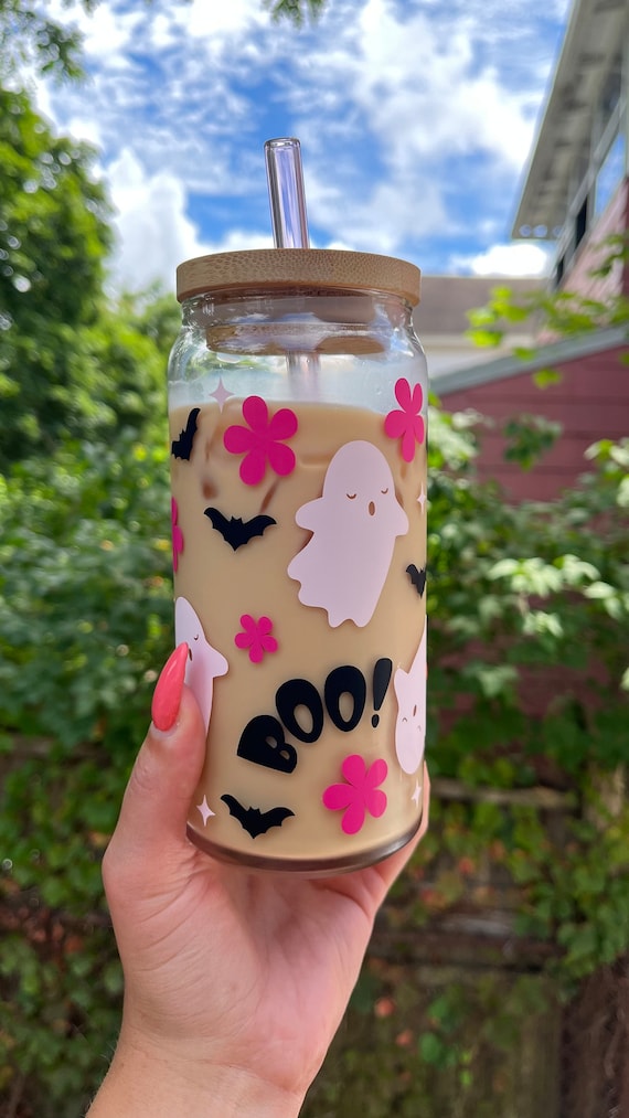 Boo pink ghost halloween glass cup