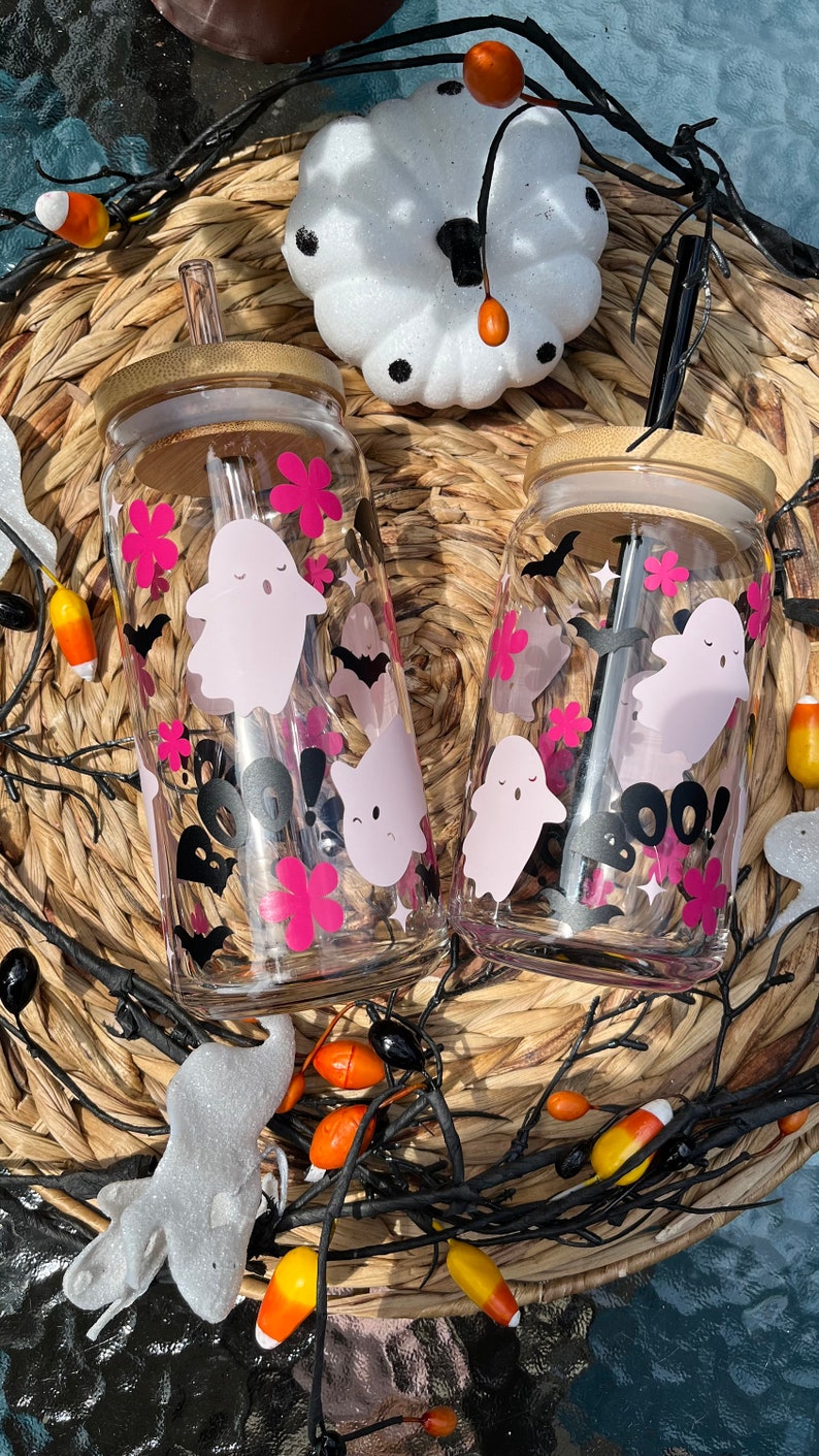 Vaso de cristal de Halloween con fantasma rosa de Boo imagen 6