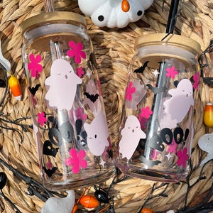 Vaso de cristal de Halloween con fantasma rosa de Boo imagen 5