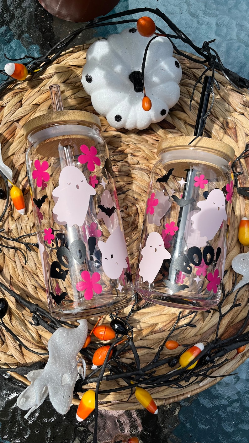 Vaso de cristal de Halloween con fantasma rosa de Boo imagen 5